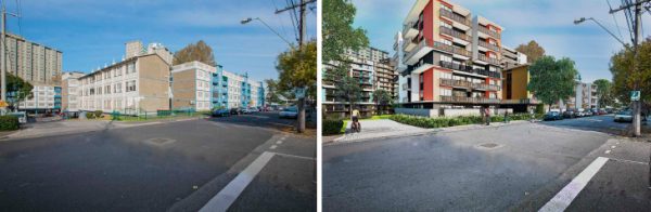 Public housing also in Flemington, now (left), and as envisaged in the future.